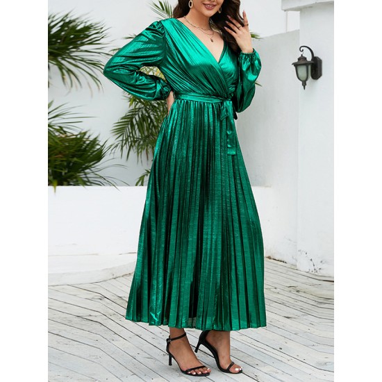 Bronzing Elasticity Pleated Solid Color Tied Waist Long Sleeves Loose V-Neck Midi Dresses Bronzing Elasticity Pleated Solid Color Tied Waist Long Sleeves Loose V-Neck Midi Dresses