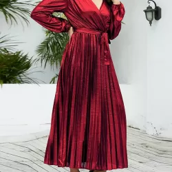 Bronzing Elasticity Pleated Solid Color Tied Waist Long Sleeves Loose V-Neck Midi Dresses