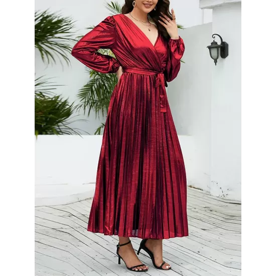 Bronzing Elasticity Pleated Solid Color Tied Waist Long Sleeves Loose V-Neck Midi Dresses Bronzing Elasticity Pleated Solid Color Tied Waist Long Sleeves Loose V-Neck Midi Dresses
