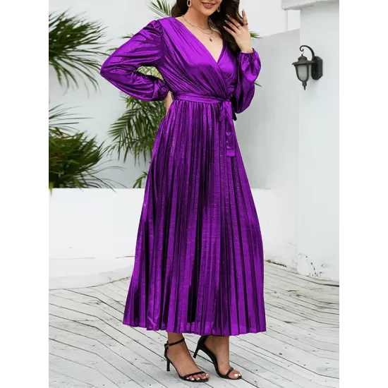 Bronzing Elasticity Pleated Solid Color Tied Waist Long Sleeves Loose V-Neck Midi Dresses Bronzing Elasticity Pleated Solid Color Tied Waist Long Sleeves Loose V-Neck Midi Dresses