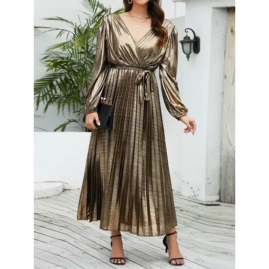 Bronzing Elasticity Pleated Solid Color Tied Waist Long Sleeves Loose V-Neck Midi Dresses Bronzing Elasticity Pleated Solid Color Tied Waist Long Sleeves Loose V-Neck Midi Dresses