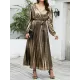 Bronzing Elasticity Pleated Solid Color Tied Waist Long Sleeves Loose V-Neck Midi Dresses Bronzing Elasticity Pleated Solid Color Tied Waist Long Sleeves Loose V-Neck Midi Dresses