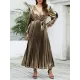 Bronzing Elasticity Pleated Solid Color Tied Waist Long Sleeves Loose V-Neck Midi Dresses Bronzing Elasticity Pleated Solid Color Tied Waist Long Sleeves Loose V-Neck Midi Dresses