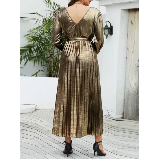 Bronzing Elasticity Pleated Solid Color Tied Waist Long Sleeves Loose V-Neck Midi Dresses Bronzing Elasticity Pleated Solid Color Tied Waist Long Sleeves Loose V-Neck Midi Dresses