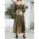 Bronzing Elasticity Pleated Solid Color Tied Waist Long Sleeves Loose V-Neck Midi Dresses Bronzing Elasticity Pleated Solid Color Tied Waist Long Sleeves Loose V-Neck Midi Dresses