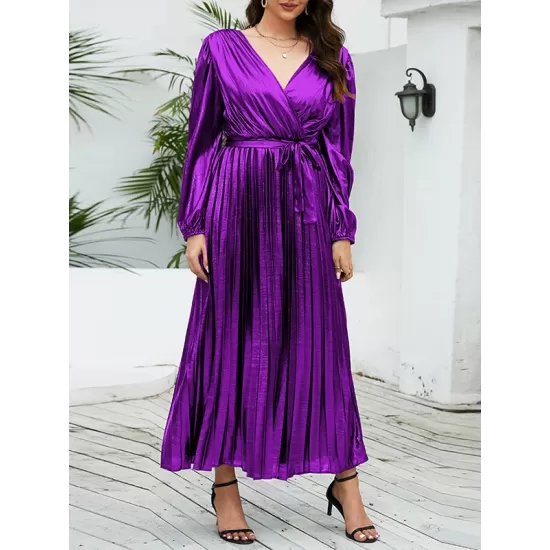 Bronzing Elasticity Pleated Solid Color Tied Waist Long Sleeves Loose V-Neck Midi Dresses Bronzing Elasticity Pleated Solid Color Tied Waist Long Sleeves Loose V-Neck Midi Dresses