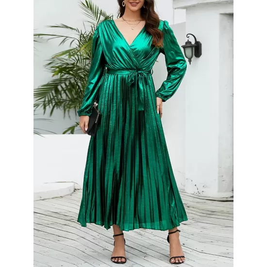 Bronzing Elasticity Pleated Solid Color Tied Waist Long Sleeves Loose V-Neck Midi Dresses Bronzing Elasticity Pleated Solid Color Tied Waist Long Sleeves Loose V-Neck Midi Dresses