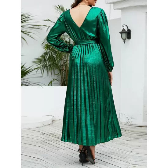Bronzing Elasticity Pleated Solid Color Tied Waist Long Sleeves Loose V-Neck Midi Dresses Bronzing Elasticity Pleated Solid Color Tied Waist Long Sleeves Loose V-Neck Midi Dresses