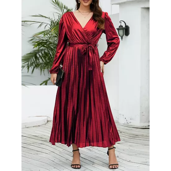 Bronzing Elasticity Pleated Solid Color Tied Waist Long Sleeves Loose V-Neck Midi Dresses Bronzing Elasticity Pleated Solid Color Tied Waist Long Sleeves Loose V-Neck Midi Dresses