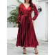 Bronzing Elasticity Pleated Solid Color Tied Waist Long Sleeves Loose V-Neck Midi Dresses Bronzing Elasticity Pleated Solid Color Tied Waist Long Sleeves Loose V-Neck Midi Dresses