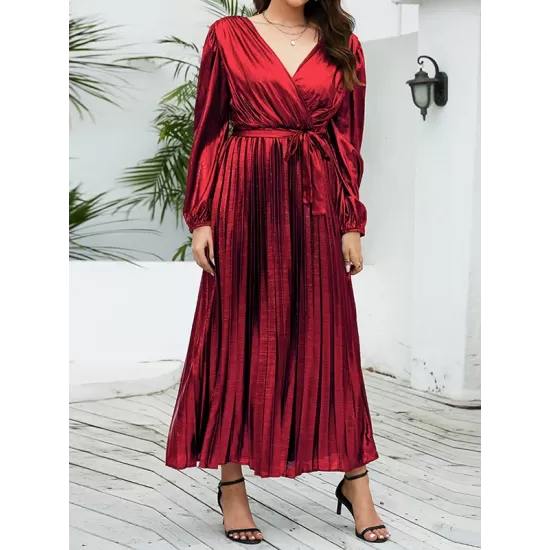 Bronzing Elasticity Pleated Solid Color Tied Waist Long Sleeves Loose V-Neck Midi Dresses Bronzing Elasticity Pleated Solid Color Tied Waist Long Sleeves Loose V-Neck Midi Dresses