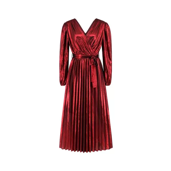 Bronzing Elasticity Pleated Solid Color Tied Waist Long Sleeves Loose V-Neck Midi Dresses Bronzing Elasticity Pleated Solid Color Tied Waist Long Sleeves Loose V-Neck Midi Dresses