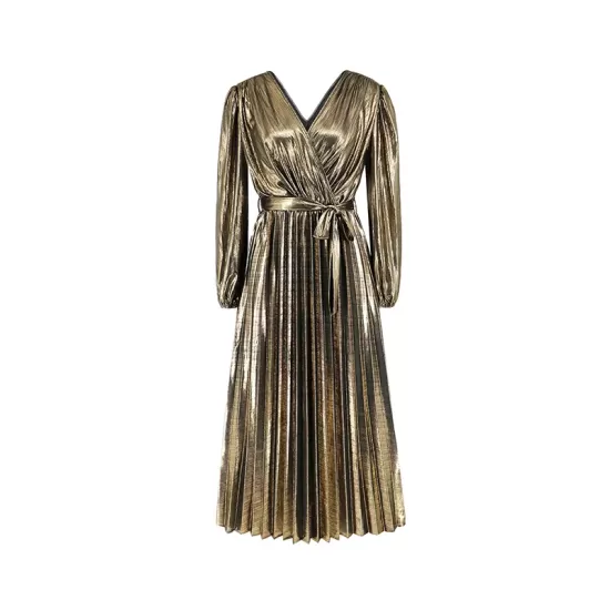 Bronzing Elasticity Pleated Solid Color Tied Waist Long Sleeves Loose V-Neck Midi Dresses Bronzing Elasticity Pleated Solid Color Tied Waist Long Sleeves Loose V-Neck Midi Dresses