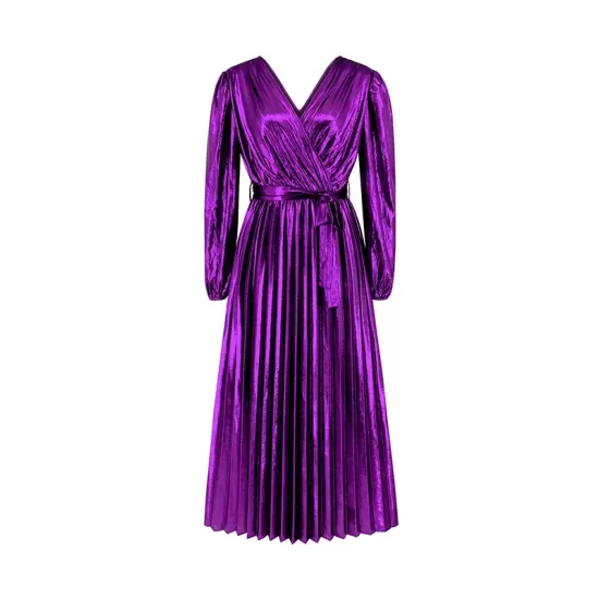 Bronzing Elasticity Pleated Solid Color Tied Waist Long Sleeves Loose V-Neck Midi Dresses Bronzing Elasticity Pleated Solid Color Tied Waist Long Sleeves Loose V-Neck Midi Dresses