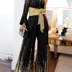 Long Sleeves Loose Printed Shiny Tied Waist One-Shoulder Jumpsuits Bottoms