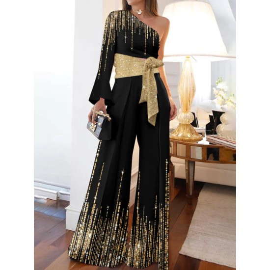 Long Sleeves Loose Printed Shiny Tied Waist One-Shoulder Jumpsuits Bottoms Long Sleeves Loose Printed Shiny Tied Waist One-Shoulder Jumpsuits Bottoms