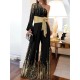 Long Sleeves Loose Printed Shiny Tied Waist One-Shoulder Jumpsuits Bottoms Long Sleeves Loose Printed Shiny Tied Waist One-Shoulder Jumpsuits Bottoms
