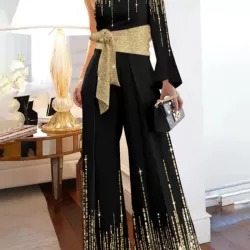 Long Sleeves Loose Printed Shiny Tied Waist One-Shoulder Jumpsuits Bottoms