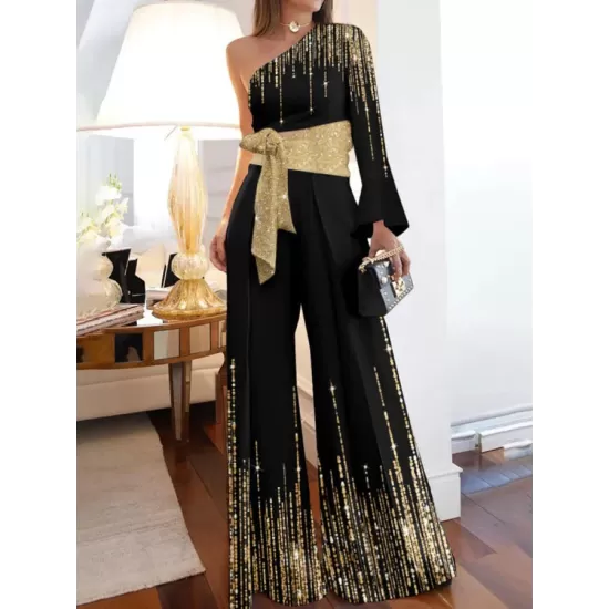 Long Sleeves Loose Printed Shiny Tied Waist One-Shoulder Jumpsuits Bottoms Long Sleeves Loose Printed Shiny Tied Waist One-Shoulder Jumpsuits Bottoms