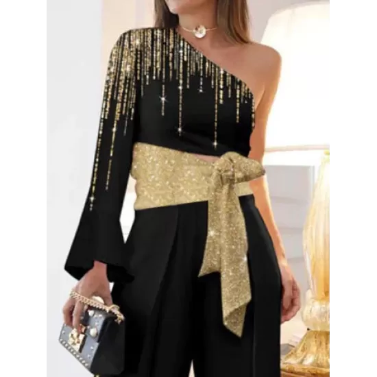 Long Sleeves Loose Printed Shiny Tied Waist One-Shoulder Jumpsuits Bottoms Long Sleeves Loose Printed Shiny Tied Waist One-Shoulder Jumpsuits Bottoms