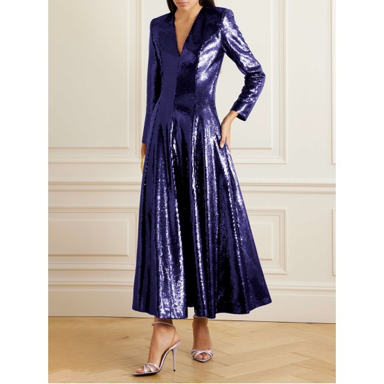 Sequined Solid Color A-line Long Sleeves V-neck Maxi Dresses Sequined Solid Color A-line Long Sleeves V-neck Maxi Dresses