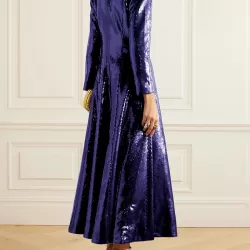 Sequined Solid Color A-line Long Sleeves V-neck Maxi Dresses