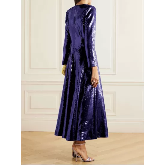 Sequined Solid Color A-line Long Sleeves V-neck Maxi Dresses Sequined Solid Color A-line Long Sleeves V-neck Maxi Dresses