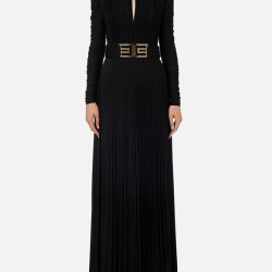 Long Sleeves Pleated Solid Color Split-Side V-Back High-Neck Evening Dresses Maxi Dresses