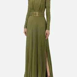 Long Sleeves Pleated Solid Color Split-Side V-Back High-Neck Evening Dresses Maxi Dresses
