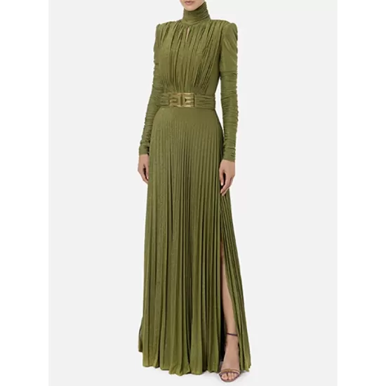 Long Sleeves Pleated Solid Color Split-Side V-Back High-Neck Evening Dresses Maxi Dresses Long Sleeves Pleated Solid Color Split-Side V-Back High-Neck Evening Dresses Maxi Dresses