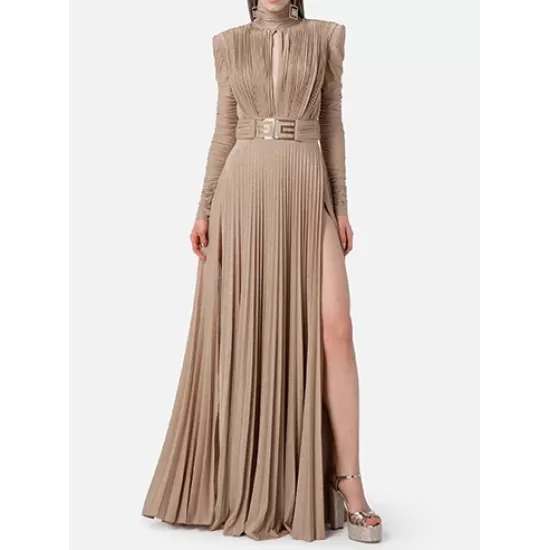 Long Sleeves Pleated Solid Color Split-Side V-Back High-Neck Evening Dresses Maxi Dresses Long Sleeves Pleated Solid Color Split-Side V-Back High-Neck Evening Dresses Maxi Dresses