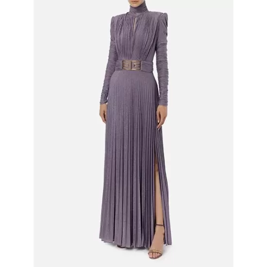 Long Sleeves Pleated Solid Color Split-Side V-Back High-Neck Evening Dresses Maxi Dresses Long Sleeves Pleated Solid Color Split-Side V-Back High-Neck Evening Dresses Maxi Dresses