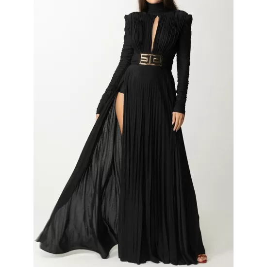 Long Sleeves Pleated Solid Color Split-Side V-Back High-Neck Evening Dresses Maxi Dresses Long Sleeves Pleated Solid Color Split-Side V-Back High-Neck Evening Dresses Maxi Dresses