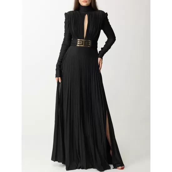 Long Sleeves Pleated Solid Color Split-Side V-Back High-Neck Evening Dresses Maxi Dresses Long Sleeves Pleated Solid Color Split-Side V-Back High-Neck Evening Dresses Maxi Dresses
