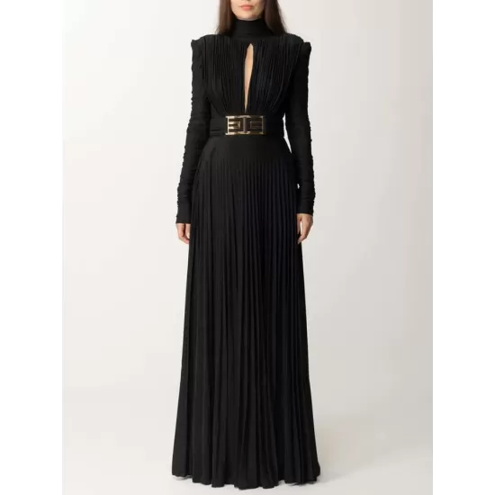 Long Sleeves Pleated Solid Color Split-Side V-Back High-Neck Evening Dresses Maxi Dresses Long Sleeves Pleated Solid Color Split-Side V-Back High-Neck Evening Dresses Maxi Dresses