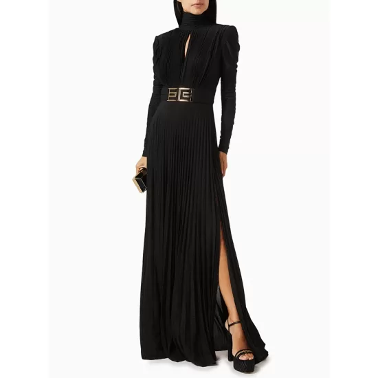 Long Sleeves Pleated Solid Color Split-Side V-Back High-Neck Evening Dresses Maxi Dresses Long Sleeves Pleated Solid Color Split-Side V-Back High-Neck Evening Dresses Maxi Dresses