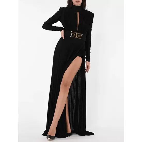 Long Sleeves Pleated Solid Color Split-Side V-Back High-Neck Evening Dresses Maxi Dresses Long Sleeves Pleated Solid Color Split-Side V-Back High-Neck Evening Dresses Maxi Dresses