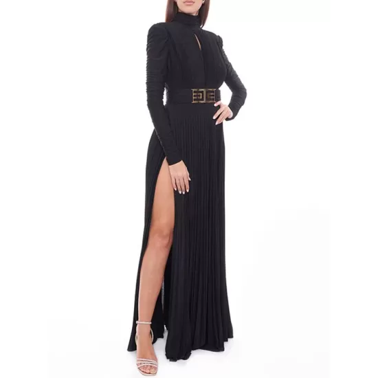 Long Sleeves Pleated Solid Color Split-Side V-Back High-Neck Evening Dresses Maxi Dresses Long Sleeves Pleated Solid Color Split-Side V-Back High-Neck Evening Dresses Maxi Dresses
