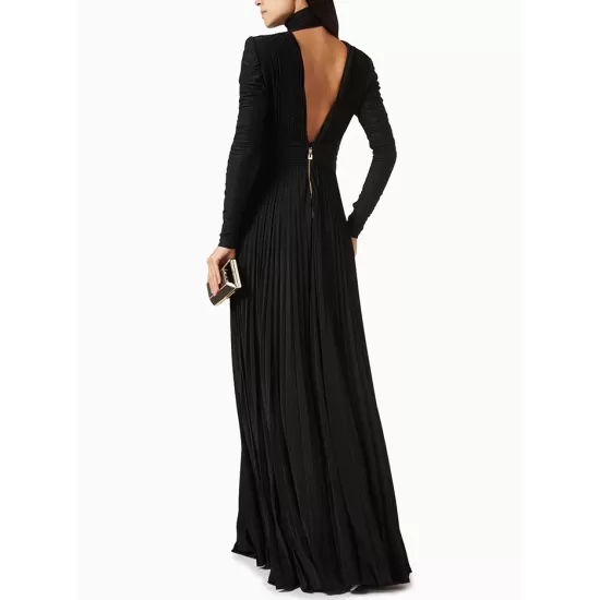 Long Sleeves Pleated Solid Color Split-Side V-Back High-Neck Evening Dresses Maxi Dresses Long Sleeves Pleated Solid Color Split-Side V-Back High-Neck Evening Dresses Maxi Dresses