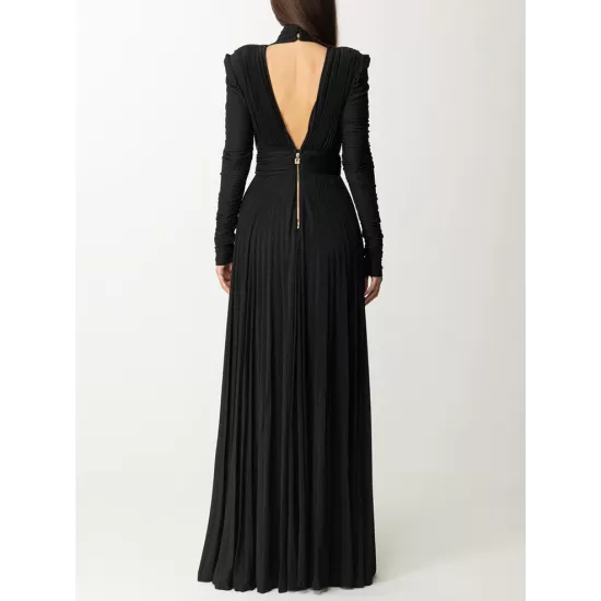 Long Sleeves Pleated Solid Color Split-Side V-Back High-Neck Evening Dresses Maxi Dresses Long Sleeves Pleated Solid Color Split-Side V-Back High-Neck Evening Dresses Maxi Dresses