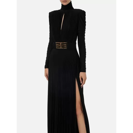 Long Sleeves Pleated Solid Color Split-Side V-Back High-Neck Evening Dresses Maxi Dresses Long Sleeves Pleated Solid Color Split-Side V-Back High-Neck Evening Dresses Maxi Dresses