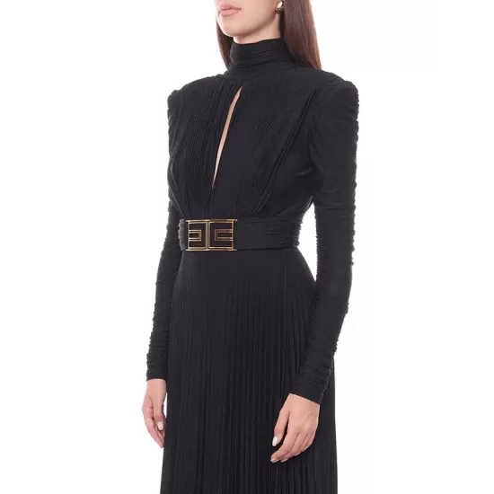 Long Sleeves Pleated Solid Color Split-Side V-Back High-Neck Evening Dresses Maxi Dresses Long Sleeves Pleated Solid Color Split-Side V-Back High-Neck Evening Dresses Maxi Dresses