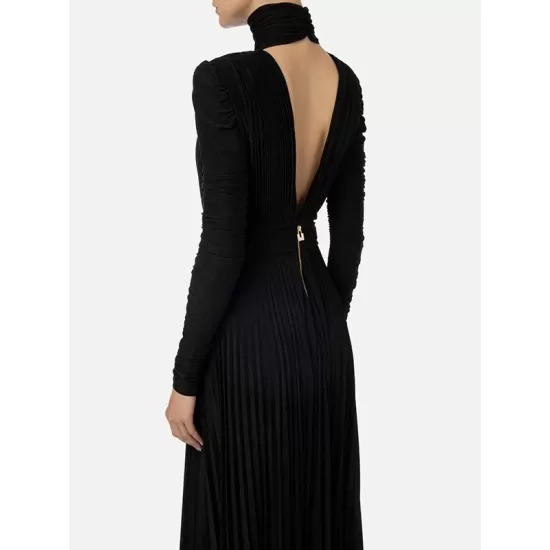 Long Sleeves Pleated Solid Color Split-Side V-Back High-Neck Evening Dresses Maxi Dresses Long Sleeves Pleated Solid Color Split-Side V-Back High-Neck Evening Dresses Maxi Dresses