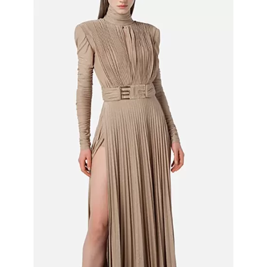 Long Sleeves Pleated Solid Color Split-Side V-Back High-Neck Evening Dresses Maxi Dresses Long Sleeves Pleated Solid Color Split-Side V-Back High-Neck Evening Dresses Maxi Dresses