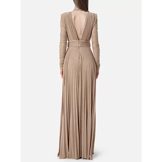 Long Sleeves Pleated Solid Color Split-Side V-Back High-Neck Evening Dresses Maxi Dresses Long Sleeves Pleated Solid Color Split-Side V-Back High-Neck Evening Dresses Maxi Dresses