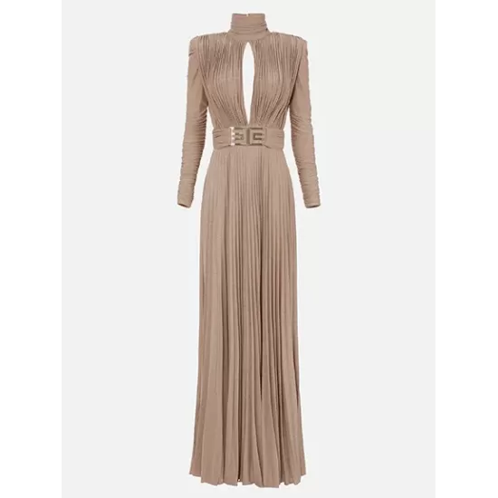 Long Sleeves Pleated Solid Color Split-Side V-Back High-Neck Evening Dresses Maxi Dresses Long Sleeves Pleated Solid Color Split-Side V-Back High-Neck Evening Dresses Maxi Dresses