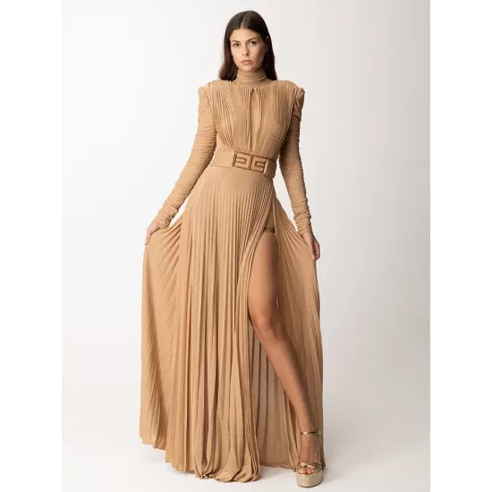 Long Sleeves Pleated Solid Color Split-Side V-Back High-Neck Evening Dresses Maxi Dresses Long Sleeves Pleated Solid Color Split-Side V-Back High-Neck Evening Dresses Maxi Dresses