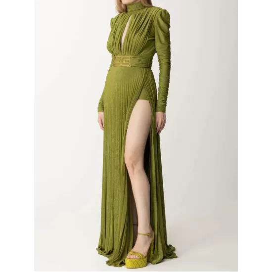 Long Sleeves Pleated Solid Color Split-Side V-Back High-Neck Evening Dresses Maxi Dresses Long Sleeves Pleated Solid Color Split-Side V-Back High-Neck Evening Dresses Maxi Dresses