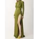 Long Sleeves Pleated Solid Color Split-Side V-Back High-Neck Evening Dresses Maxi Dresses Long Sleeves Pleated Solid Color Split-Side V-Back High-Neck Evening Dresses Maxi Dresses