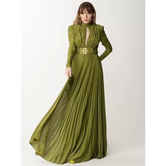 Long Sleeves Pleated Solid Color Split-Side V-Back High-Neck Evening Dresses Maxi Dresses Long Sleeves Pleated Solid Color Split-Side V-Back High-Neck Evening Dresses Maxi Dresses